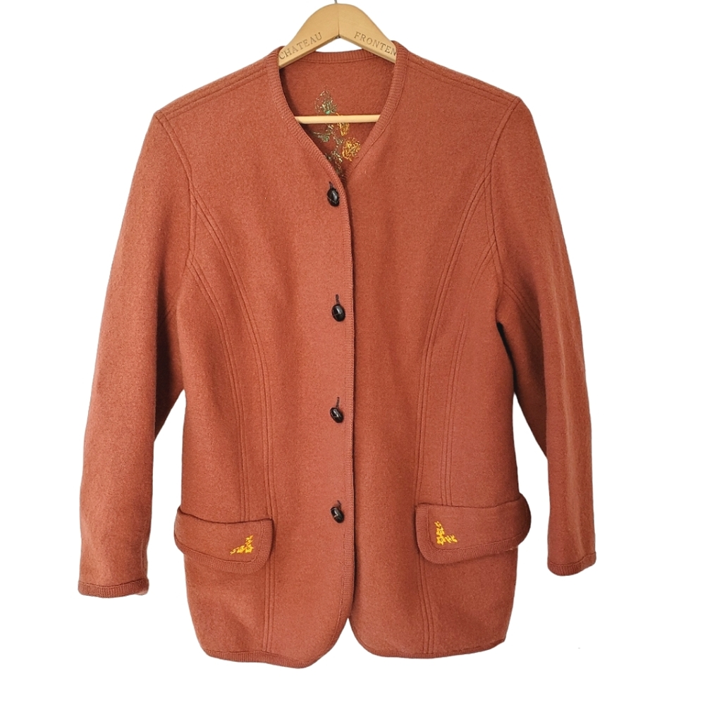 Vintage burnt orange button down wool jacket with floral embroidery